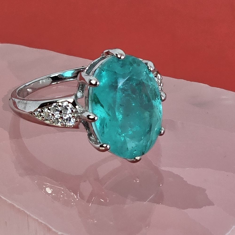 925 Sterling Silver Ring with Natural Paraiba Doublet Quartz Gem & Cz